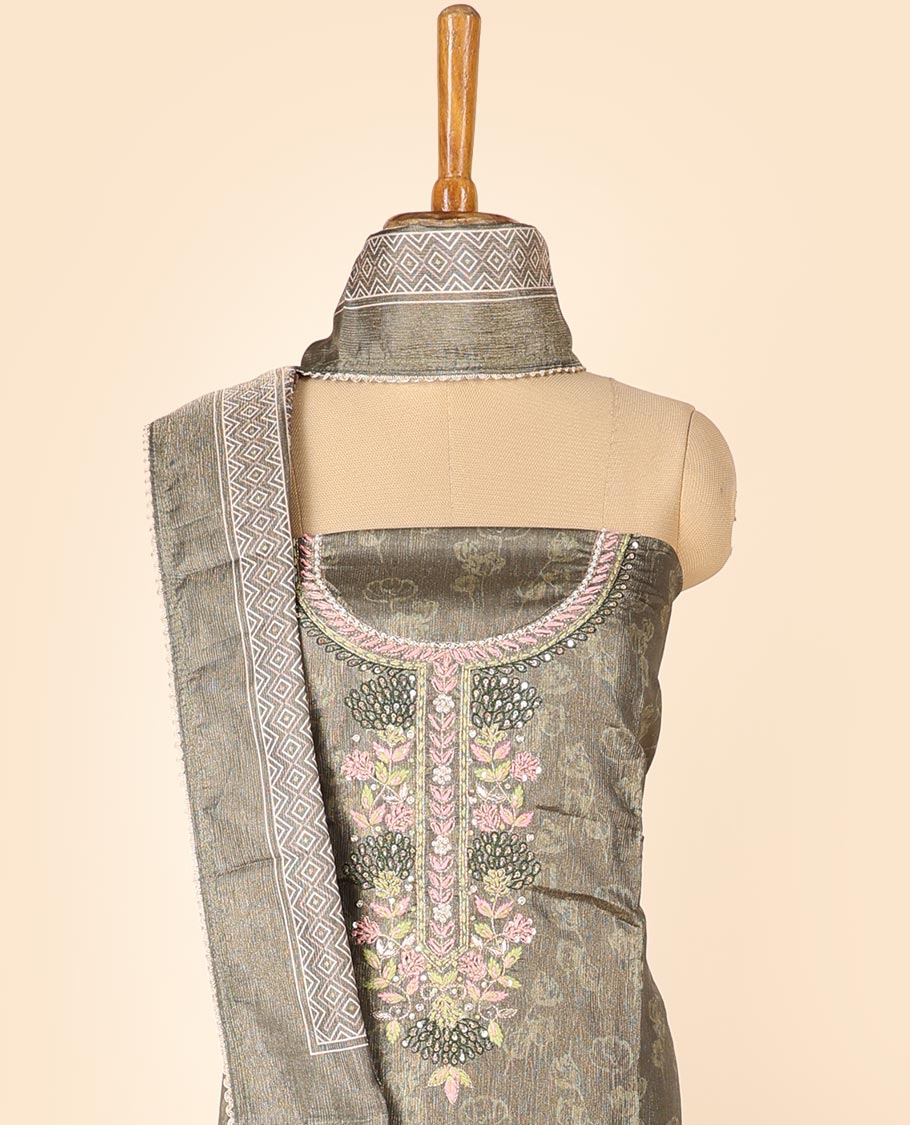 Green material chudidhar set, print & embroidered top, plain bottom & floral printed dupatta