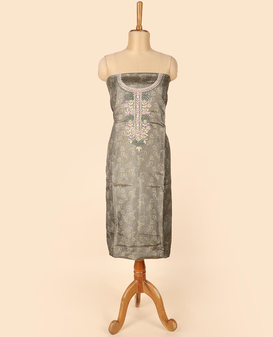 Green material chudidhar set, print & embroidered top, plain bottom & floral printed dupatta