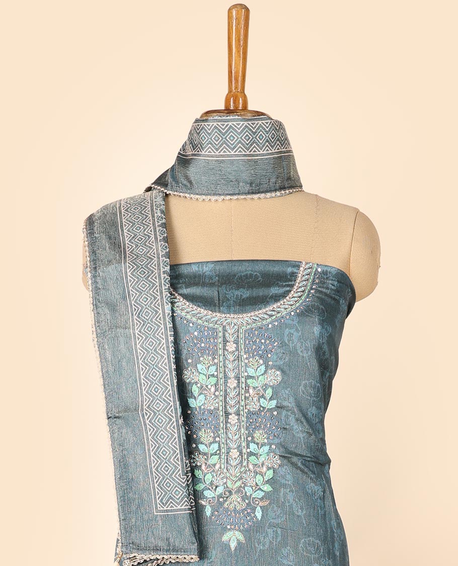 Blue material chudidhar set, print & embroidered top, plain bottom & floral printed dupatta