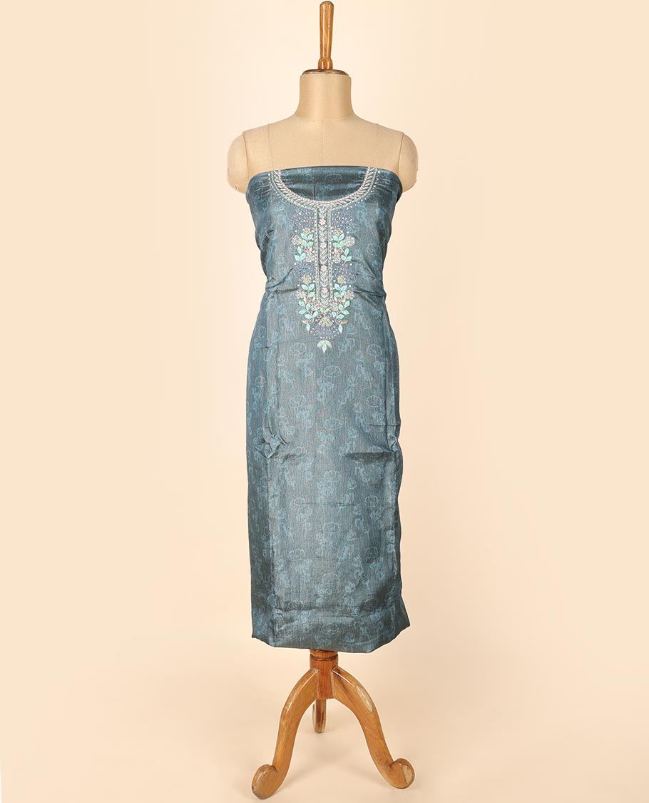 Blue material chudidhar set, print & embroidered top, plain bottom & floral printed dupatta
