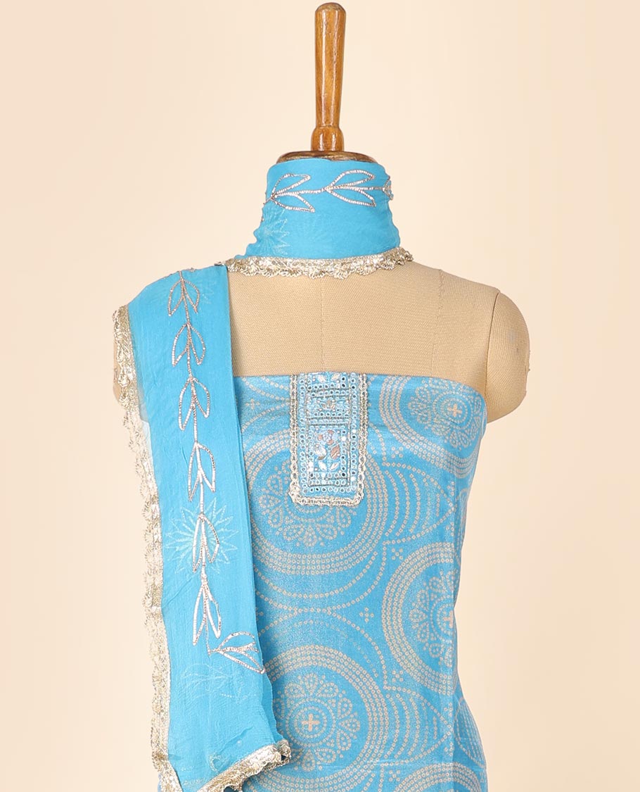 Blue material chudidhar set, bandhani printed top, plain bottom & embroidered dupatta