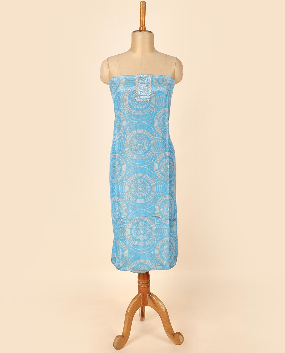 Blue material chudidhar set, bandhani printed top, plain bottom & embroidered dupatta