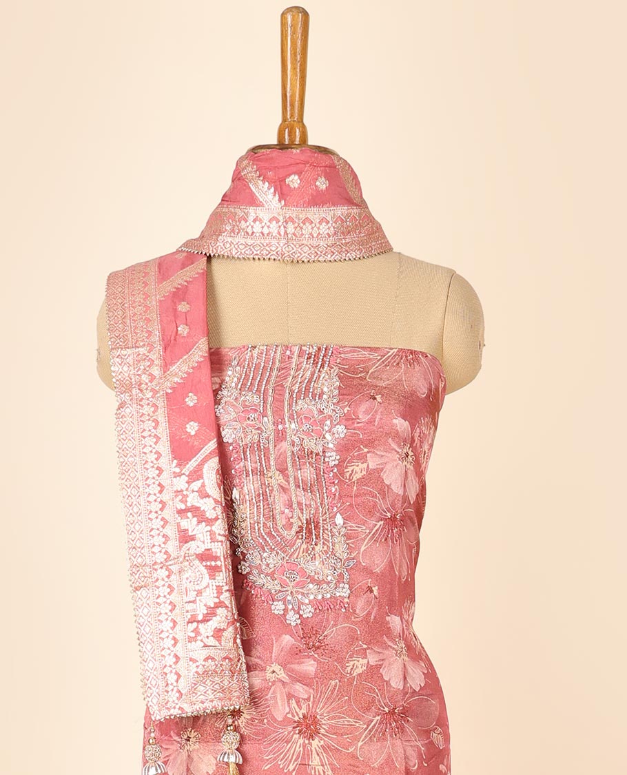 Peach material chudidhar set, floral design & embroidered top, plain bottom & jacquard dupatta