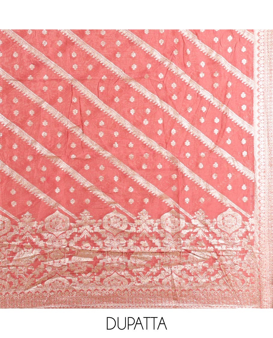 Peach material chudidhar set, floral design & embroidered top, plain bottom & jacquard dupatta