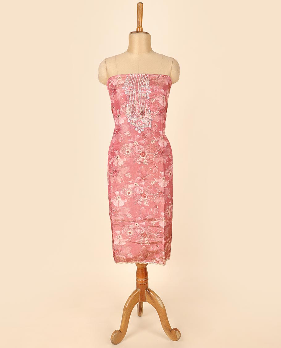 Peach material chudidhar set, floral design & embroidered top, plain bottom & jacquard dupatta