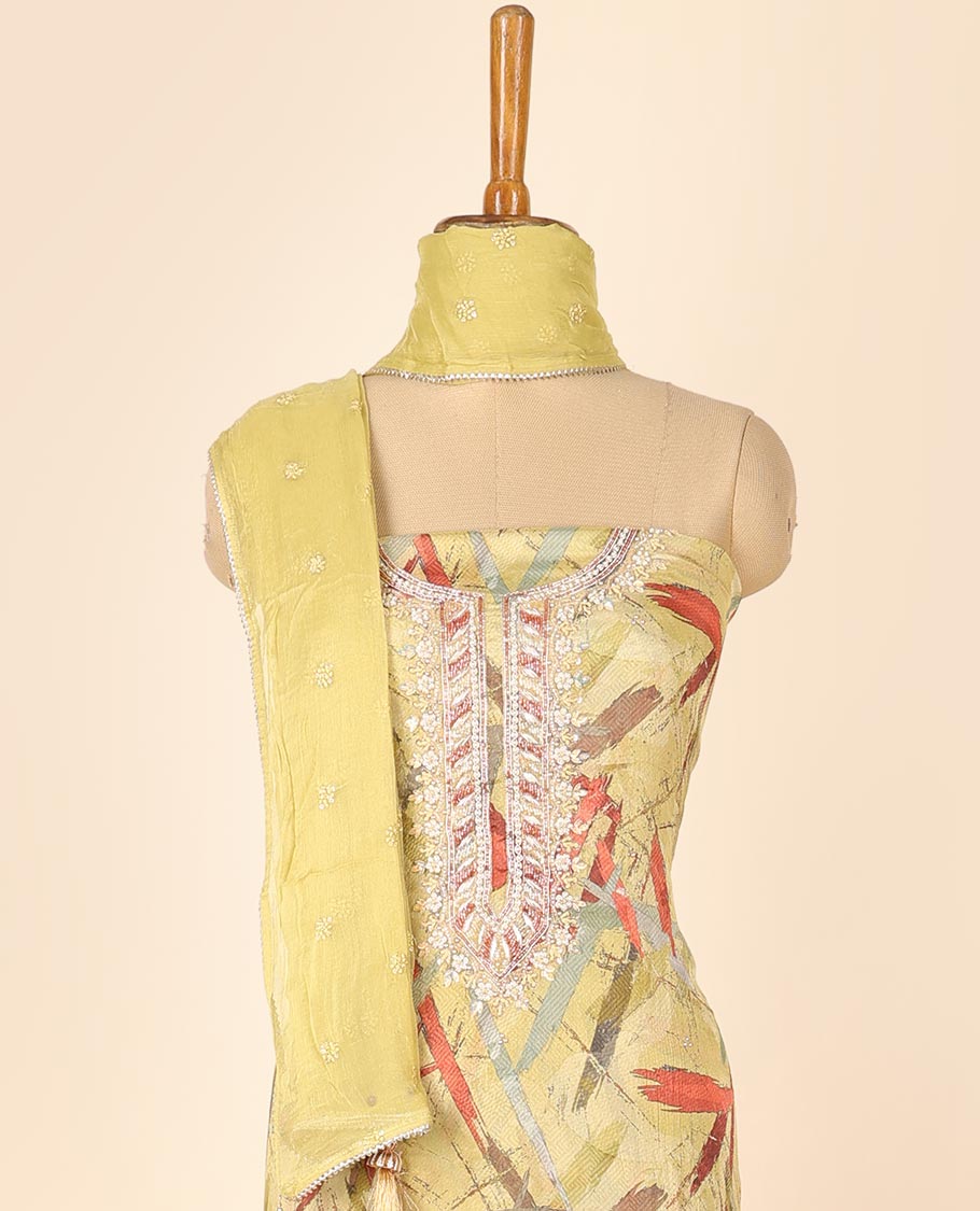 Yellow material chudidhar set, abstract print & embroidered top, plain bottom & embroidered dupatta