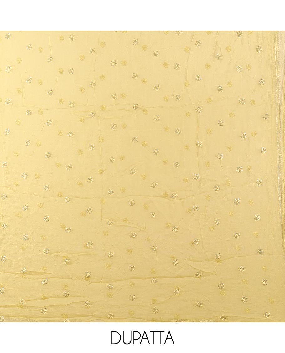 Yellow material chudidhar set, abstract print & embroidered top, plain bottom & embroidered dupatta
