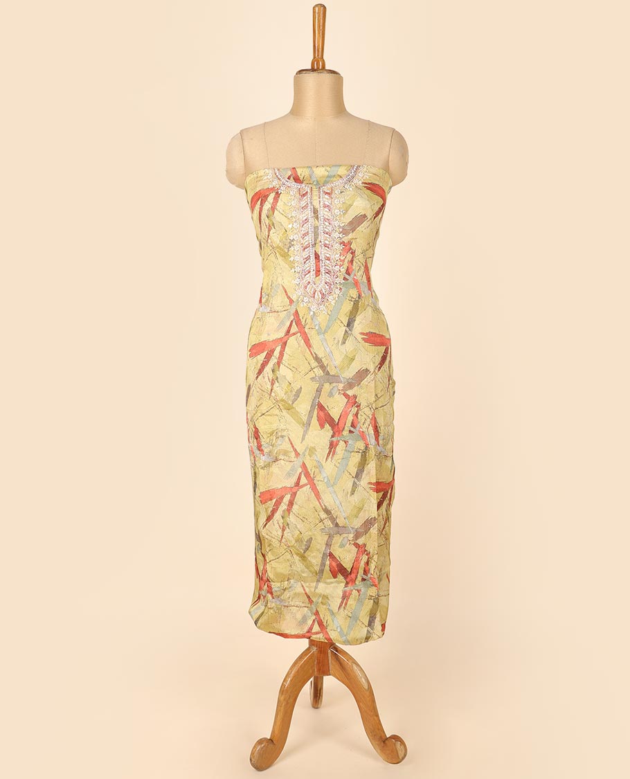 Yellow material chudidhar set, abstract print & embroidered top, plain bottom & embroidered dupatta