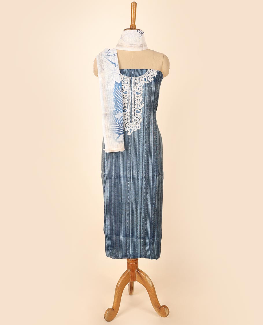 Blue material chudidhar set, geometric print & embroidered top, plain bottom & floral printed dupatta