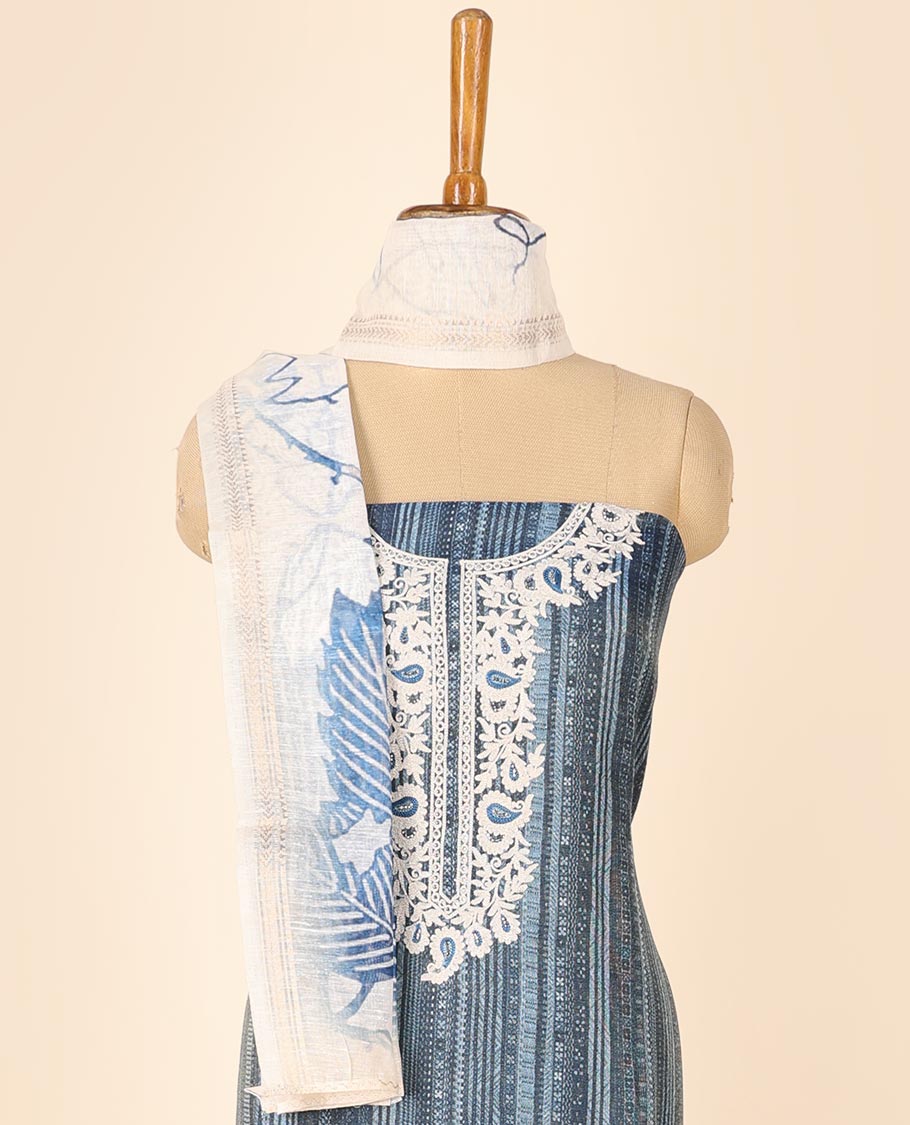 Blue material chudidhar set, geometric print & embroidered top, plain bottom & floral printed dupatta