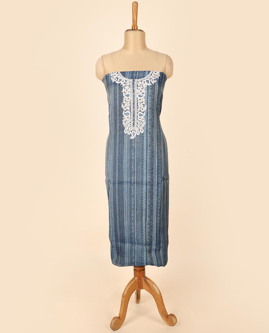 Blue material chudidhar set, geometric print & embroidered top, plain bottom & floral printed dupatta