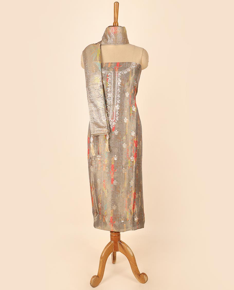 Brown material chudidhar set, abstract print & embroidered top, plain bottom & floral printed dupatta