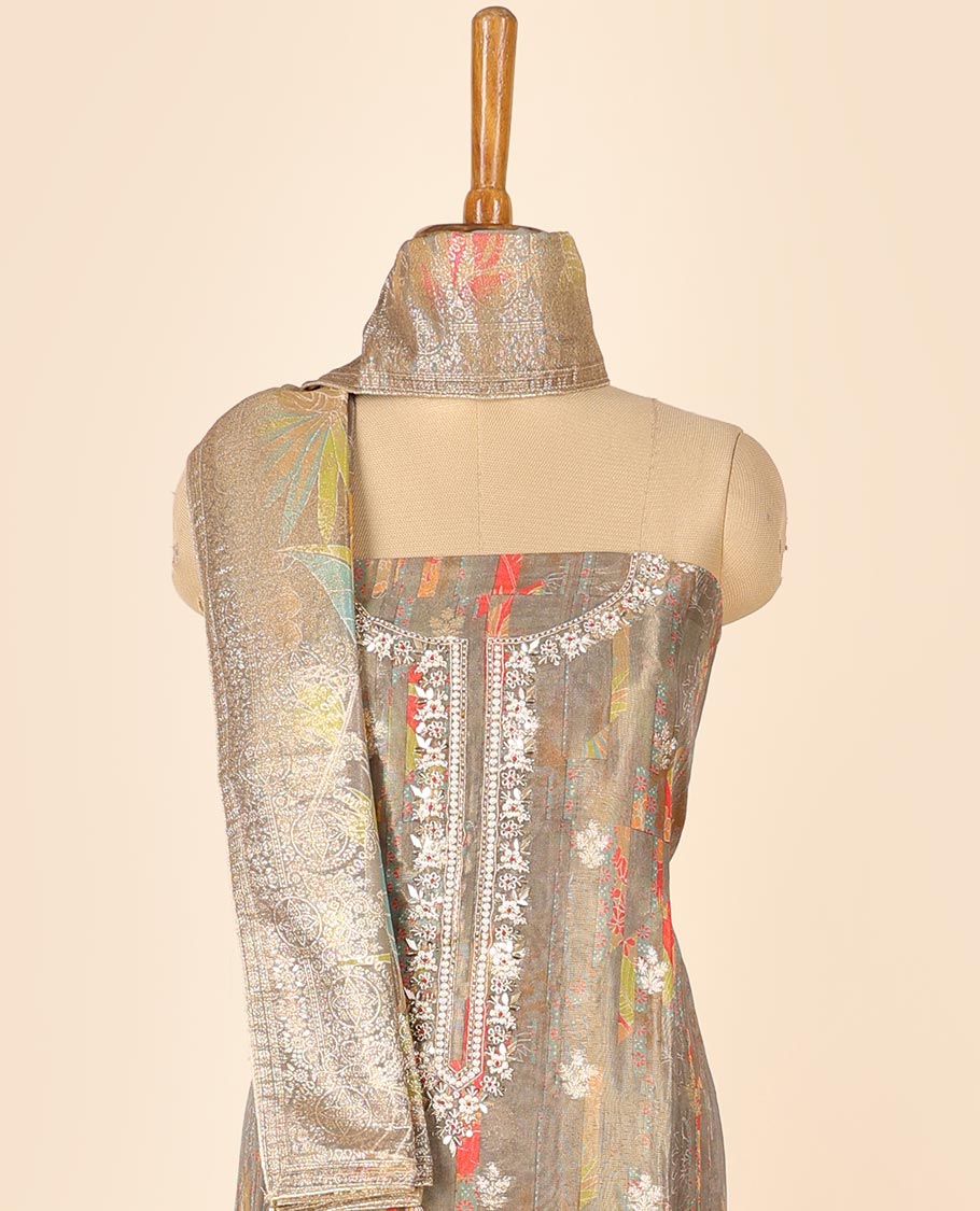 Brown material chudidhar set, abstract print & embroidered top, plain bottom & floral printed dupatta