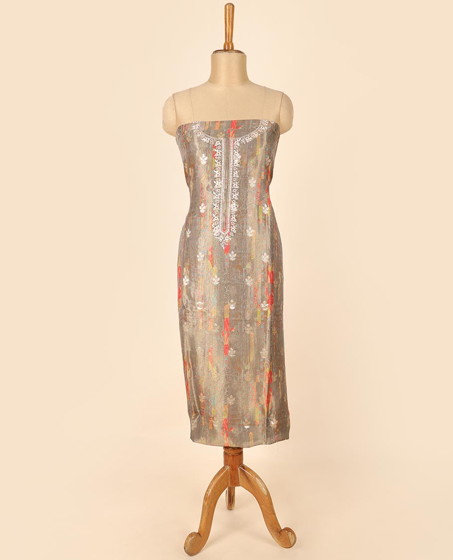 Brown material chudidhar set, abstract print & embroidered top, plain bottom & floral printed dupatta