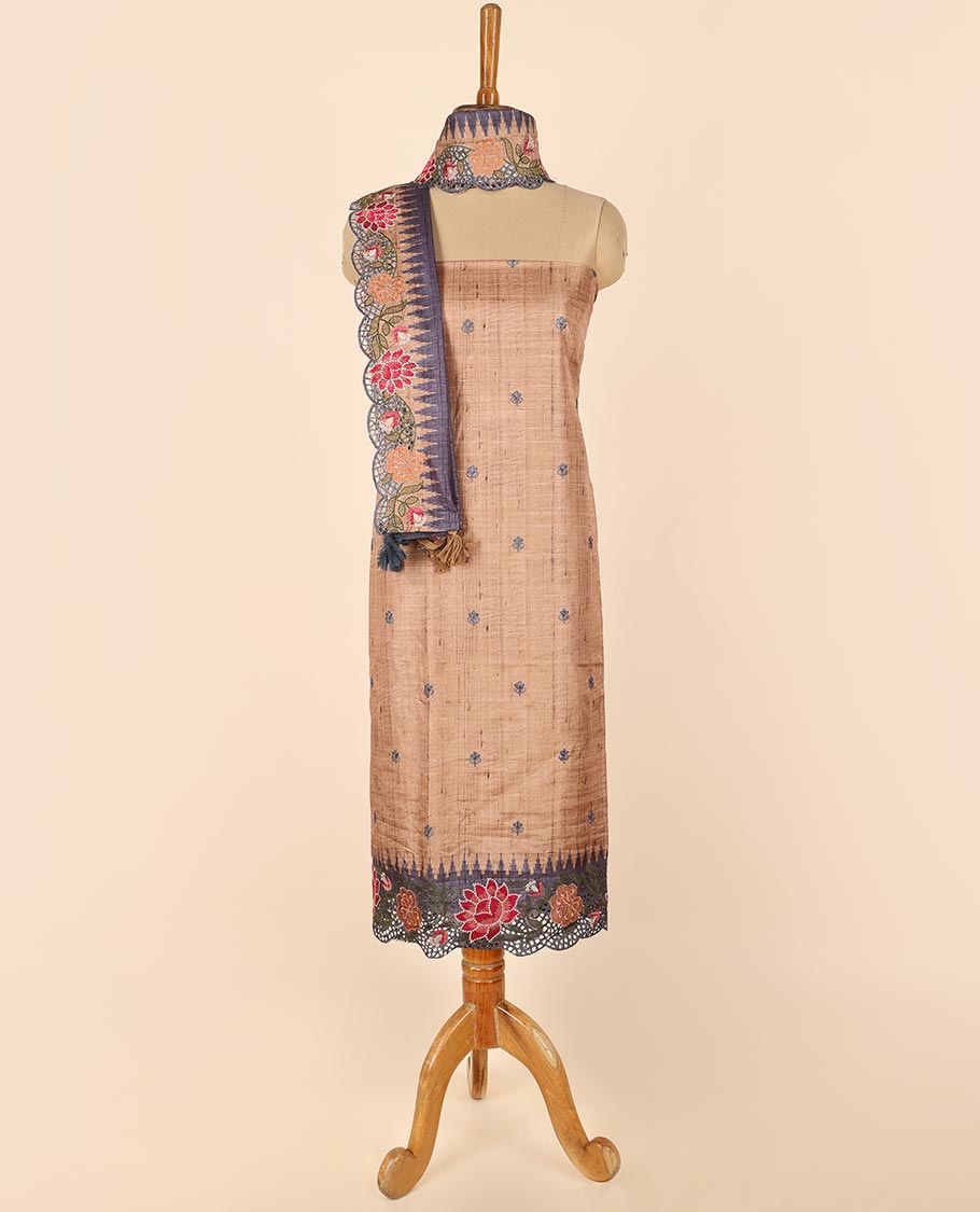 Sandal material chudidhar set, floral buttas top, plain bottom & scallop embroidered dupatta