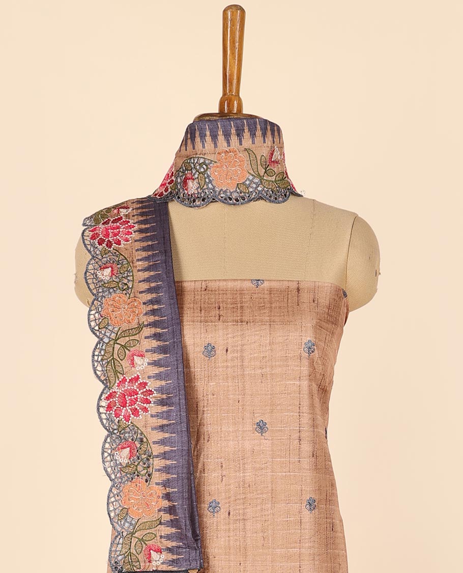 Sandal material chudidhar set, floral buttas top, plain bottom & scallop embroidered dupatta