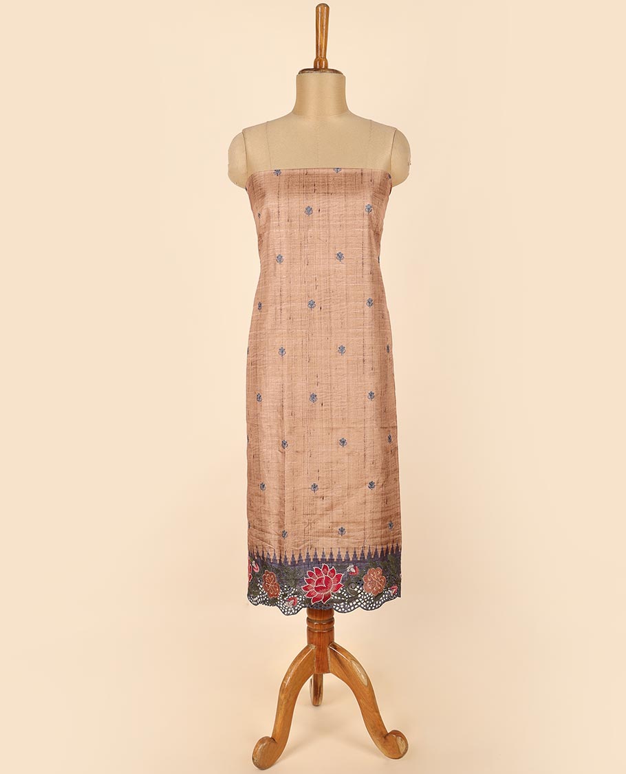 Sandal material chudidhar set, floral buttas top, plain bottom & scallop embroidered dupatta