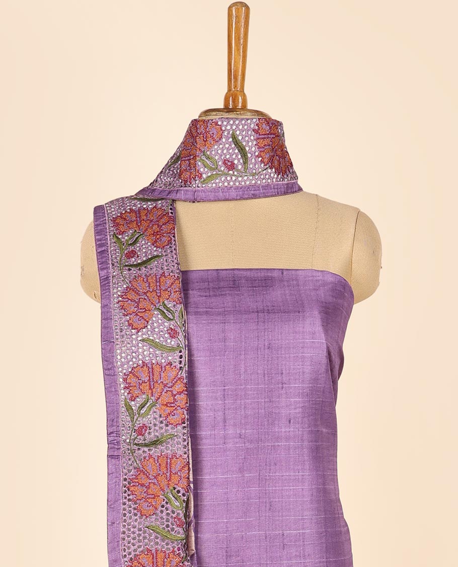 Purple material chudidhar set, cut floral creeper embroidered top, floral vine printed & cut floral embroidered dupatta