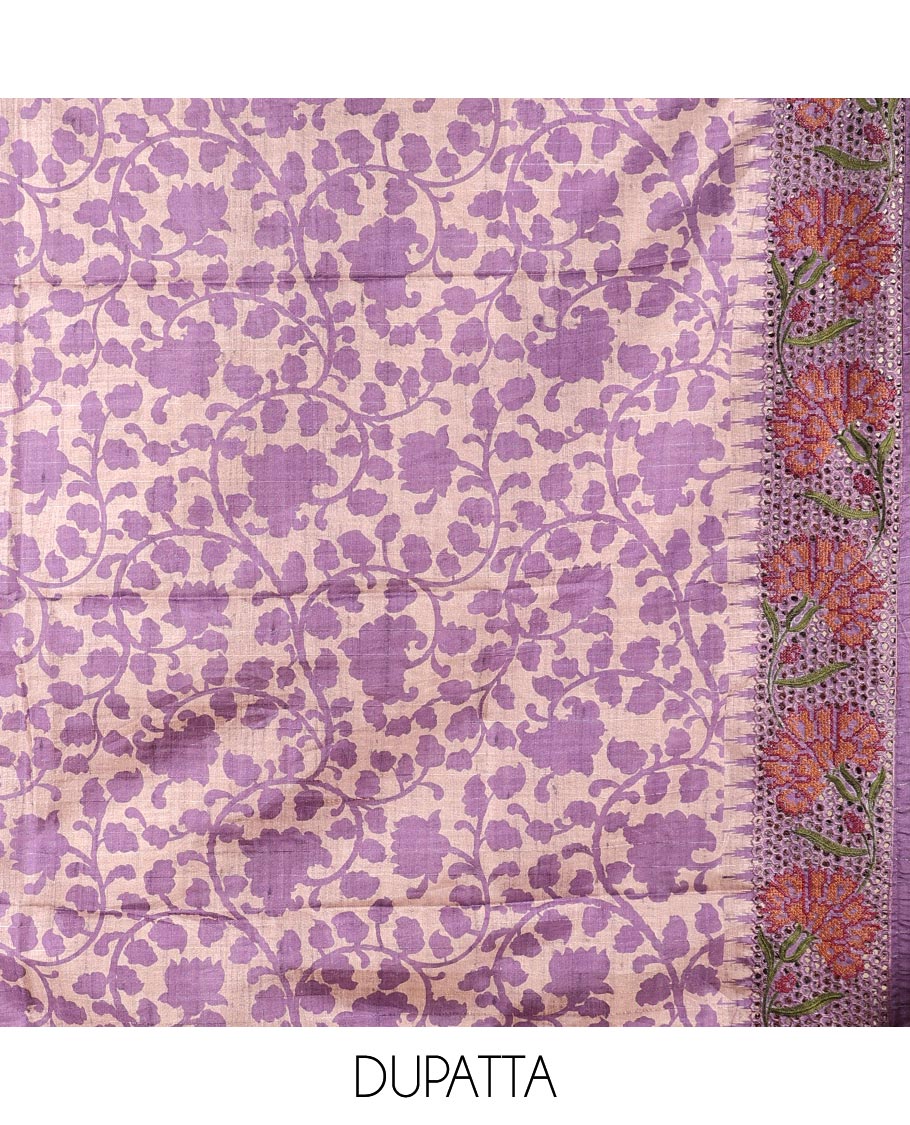 Purple material chudidhar set, cut floral creeper embroidered top, floral vine printed & cut floral embroidered dupatta