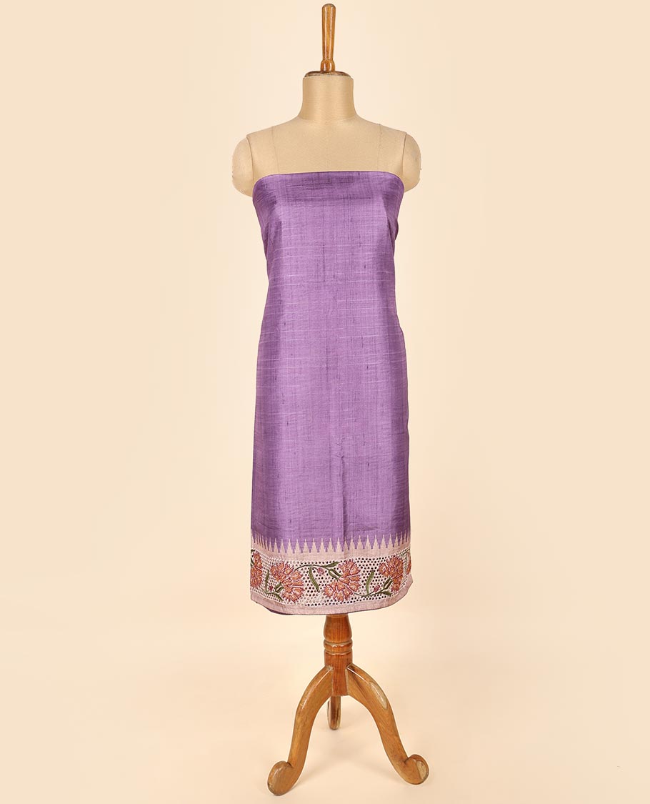 Purple material chudidhar set, cut floral creeper embroidered top, floral vine printed & cut floral embroidered dupatta