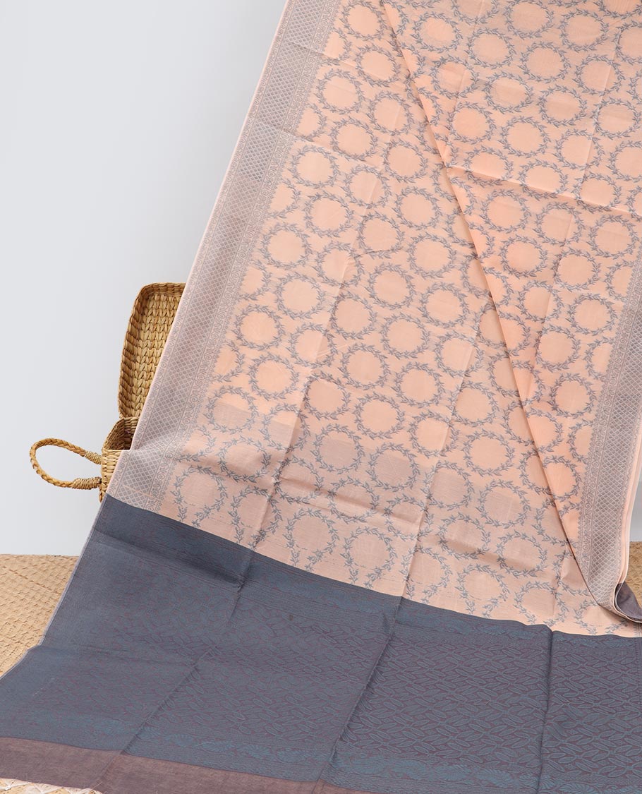 Sandal circle buttas semi-silk cotton saree, traditional zari design & intricate pallu