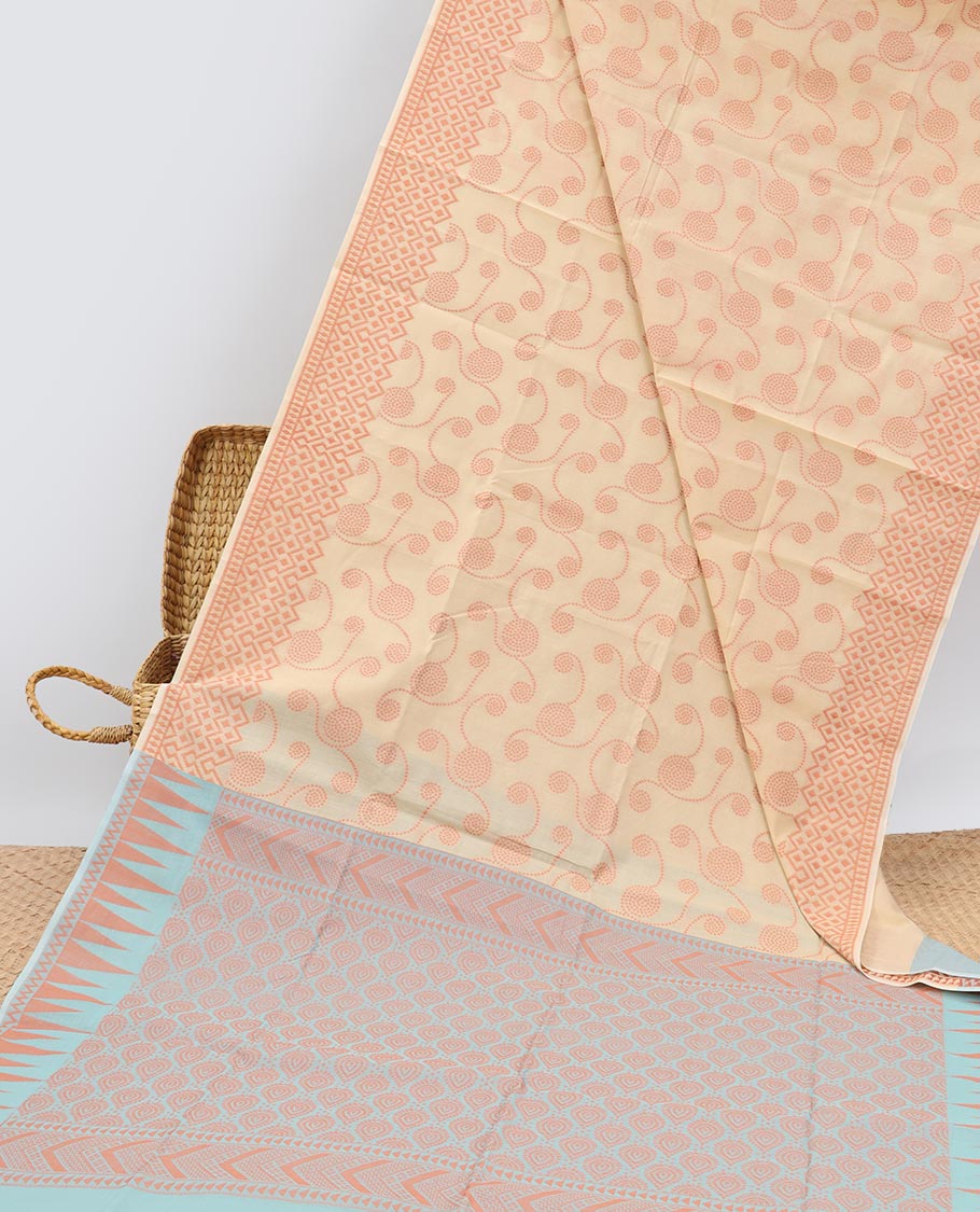 Sandal floral printed Semi silk saree, geometric border & contrast intricate pallu