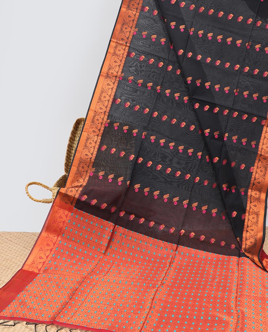 Grey buttas semi-silk cotton saree, traditional zari design border & contrast intricate pallu