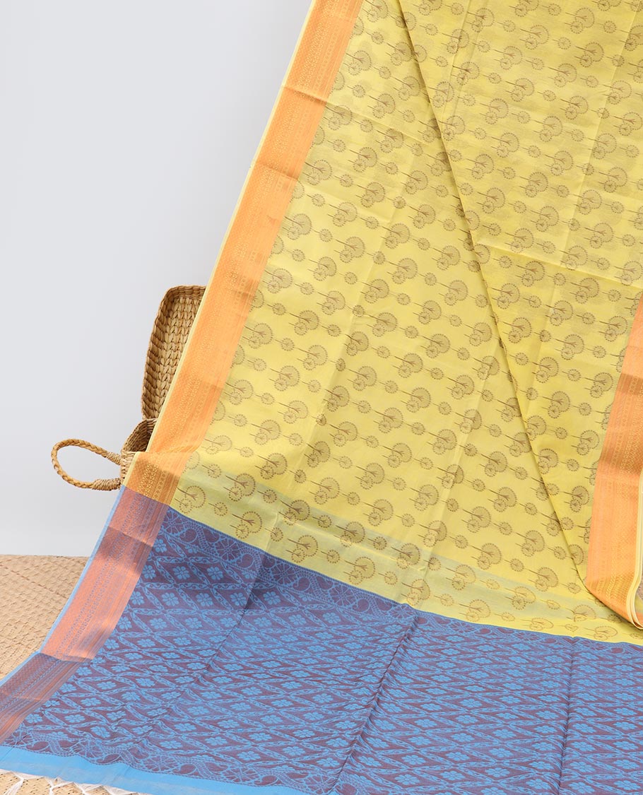 Yellow floral design semi-silk cotton saree, traditional zari design border & contrast intricate pallu