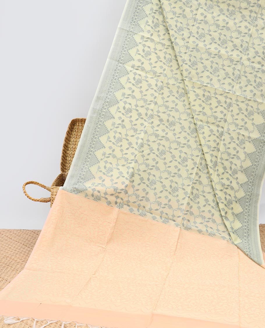 Yellow floral design semi-silk cotton saree, traditional design border & contrast intricate pallu