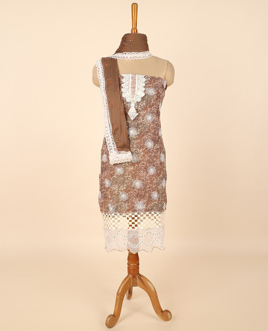 Brown material chudidhar set, floral print & embroidered top, solid bottom & floral print dupatta