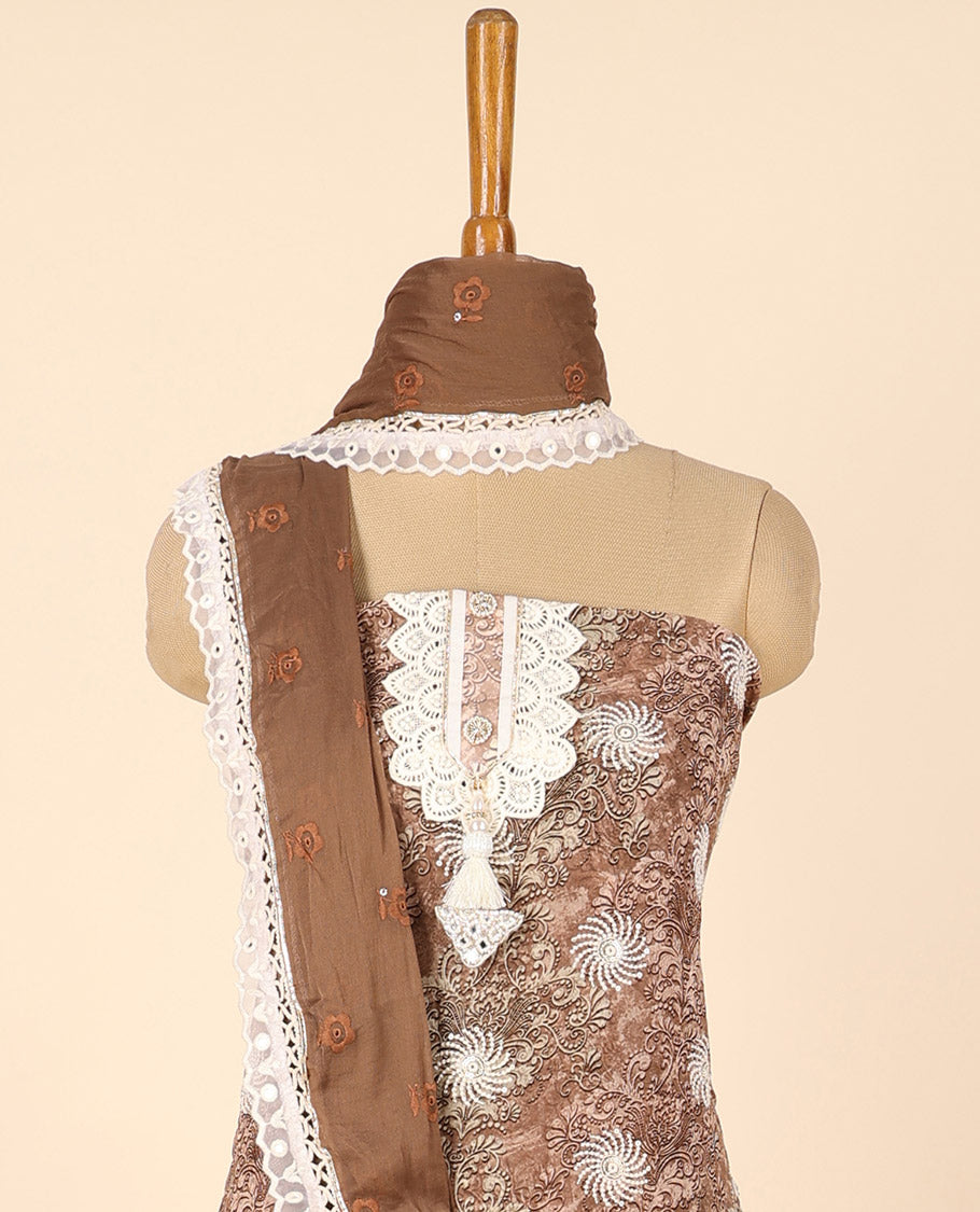 Brown material chudidhar set, floral print & embroidered top, solid bottom & floral print dupatta