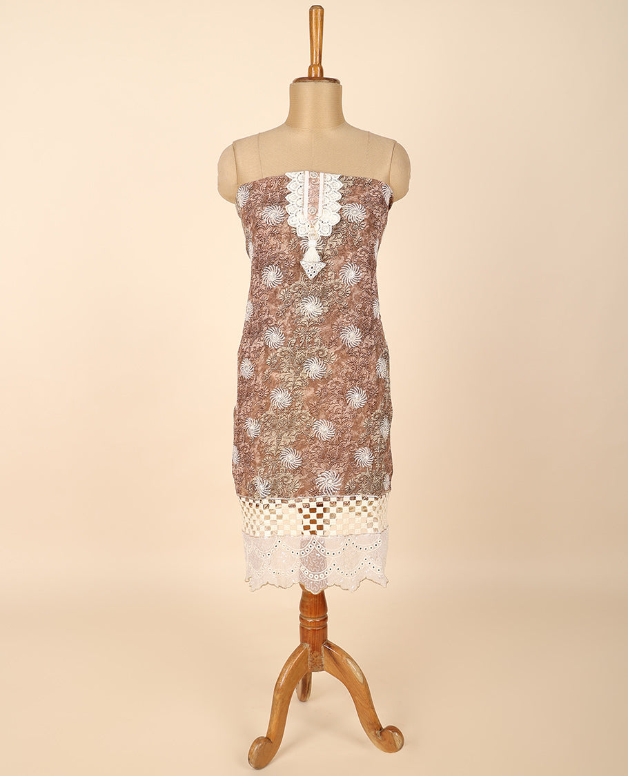 Brown material chudidhar set, floral print & embroidered top, solid bottom & floral print dupatta