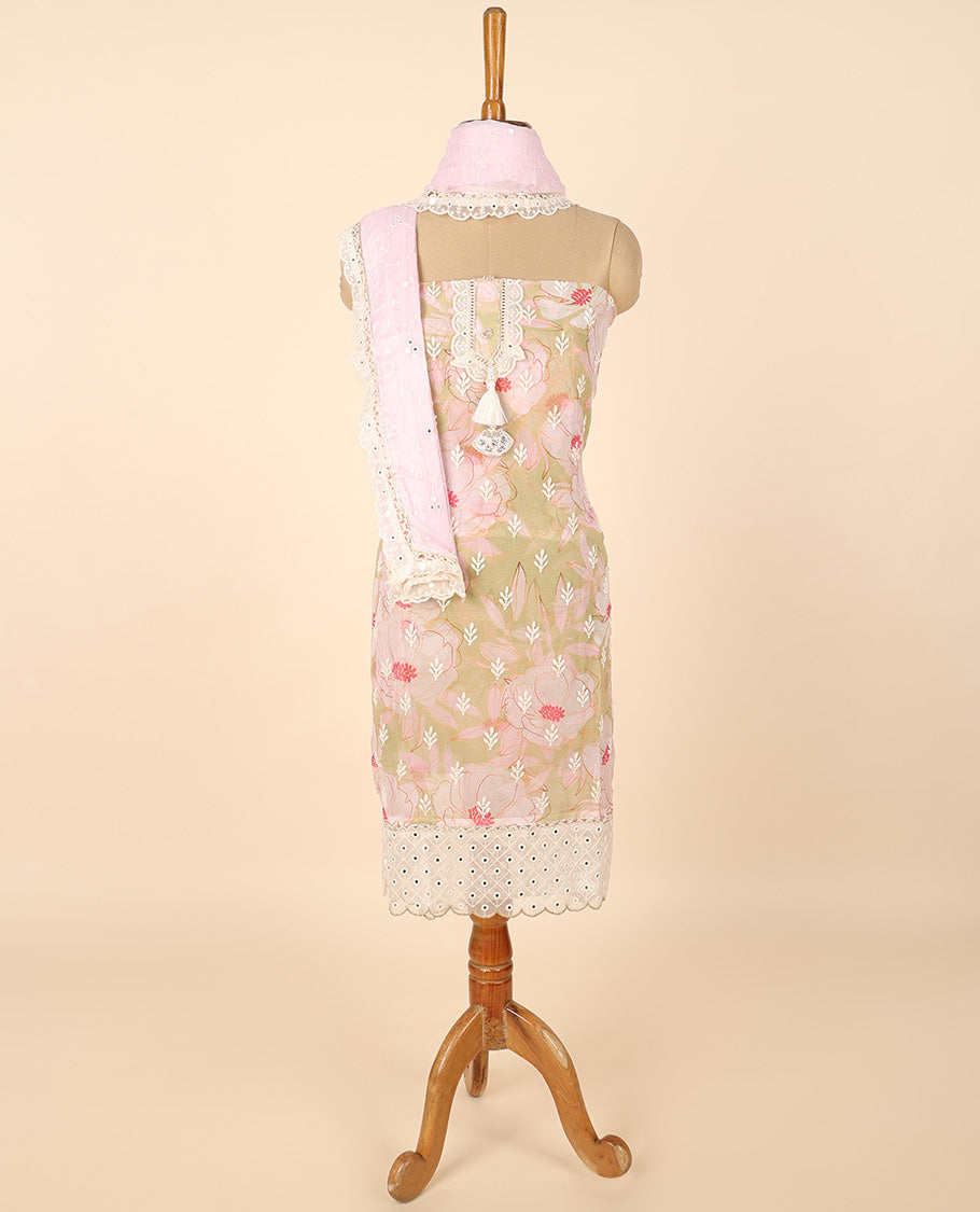 Pink material chudidhar set, floral print & embroidery top, plain bottom & embroidered dupatta