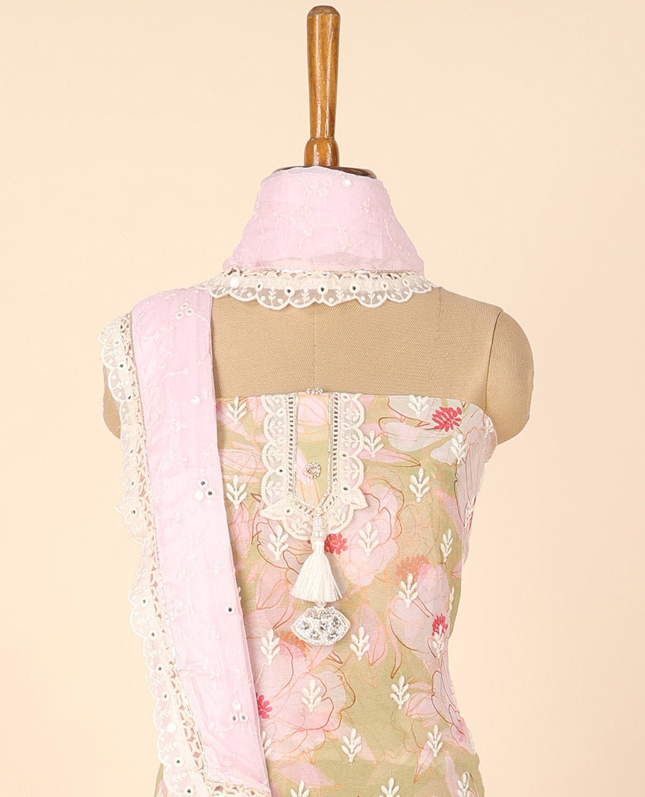 Pink material chudidhar set, floral print & embroidery top, plain bottom & embroidered dupatta