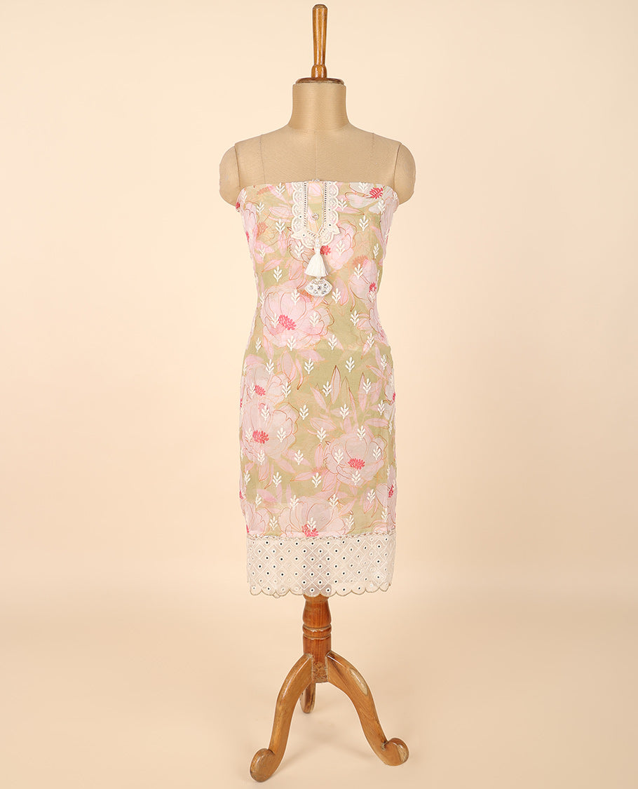 Pink material chudidhar set, floral print & embroidery top, plain bottom & embroidered dupatta