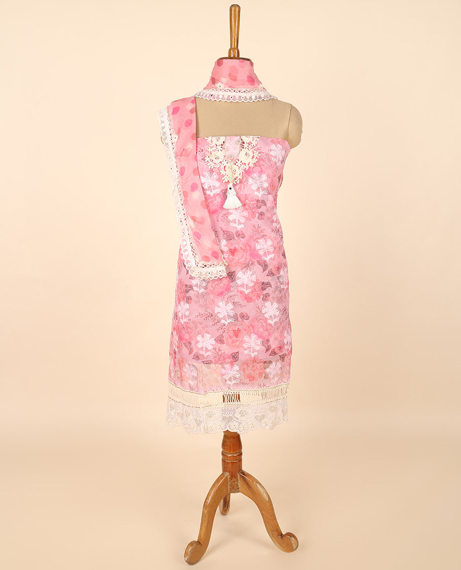 Pink material chudidhar set, floral print & embroidered top, solid bottom & floral printed dupatta
