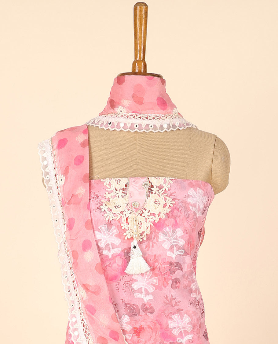 Pink material chudidhar set, floral print & embroidered top, solid bottom & floral printed dupatta