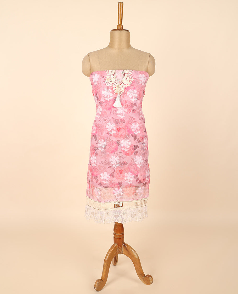 Pink material chudidhar set, floral print & embroidered top, solid bottom & floral printed dupatta