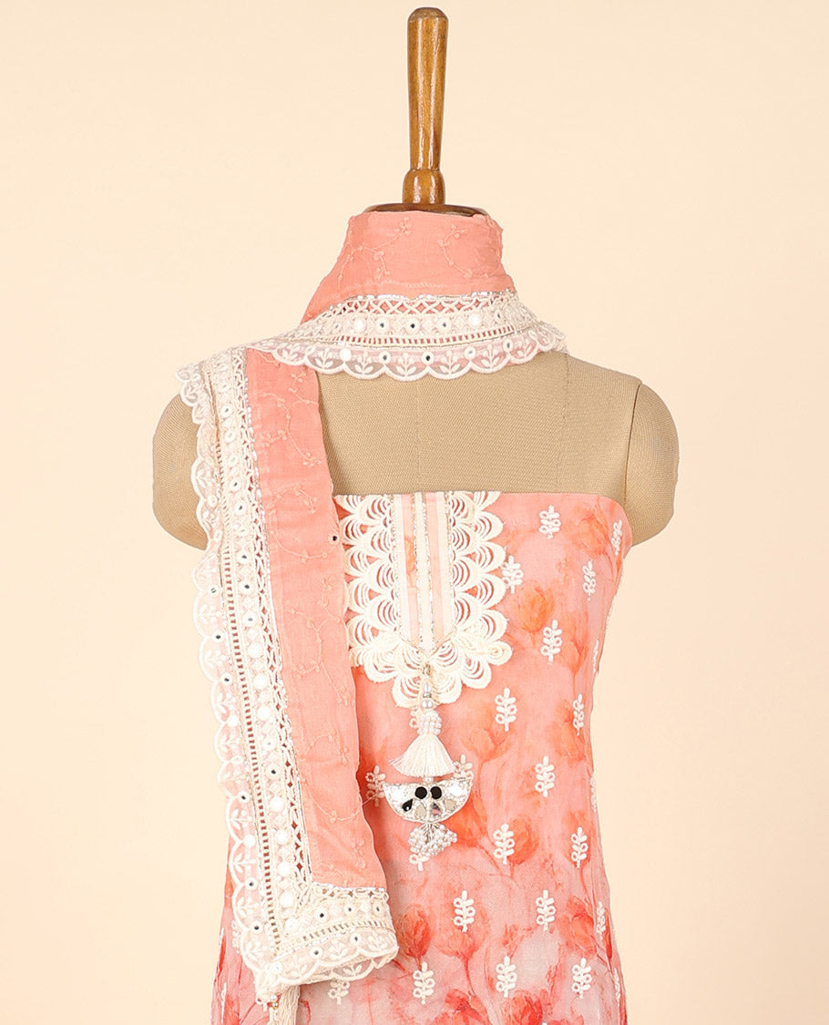Pink material chudidhar set, floral print & embroidery top, plain bottom & embroidered dupatta