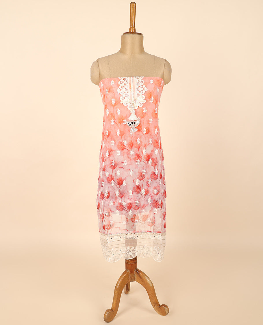 Pink material chudidhar set, floral print & embroidery top, plain bottom & embroidered dupatta