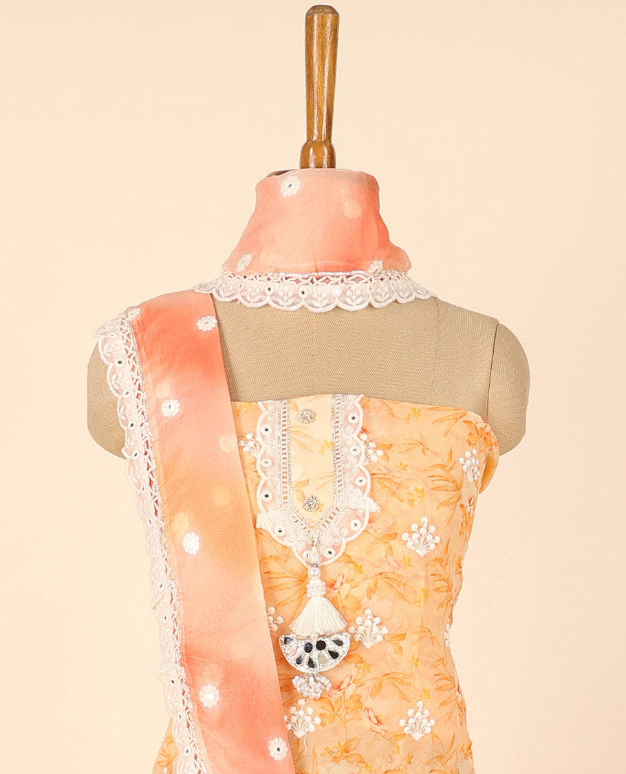 Orange material chudidhar set, print & embroidered top, plain bottom & abstract printed & embroidered dupatta