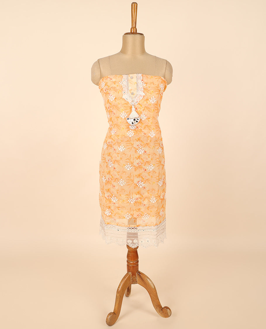 Orange material chudidhar set, print & embroidered top, plain bottom & abstract printed & embroidered dupatta