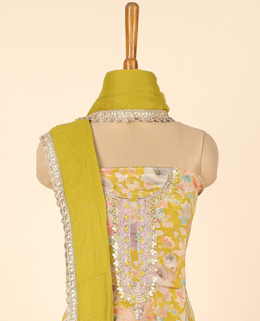 Mustard material chudidhar set, floral print & embroidery top, plain bottom & embroidered dupatta