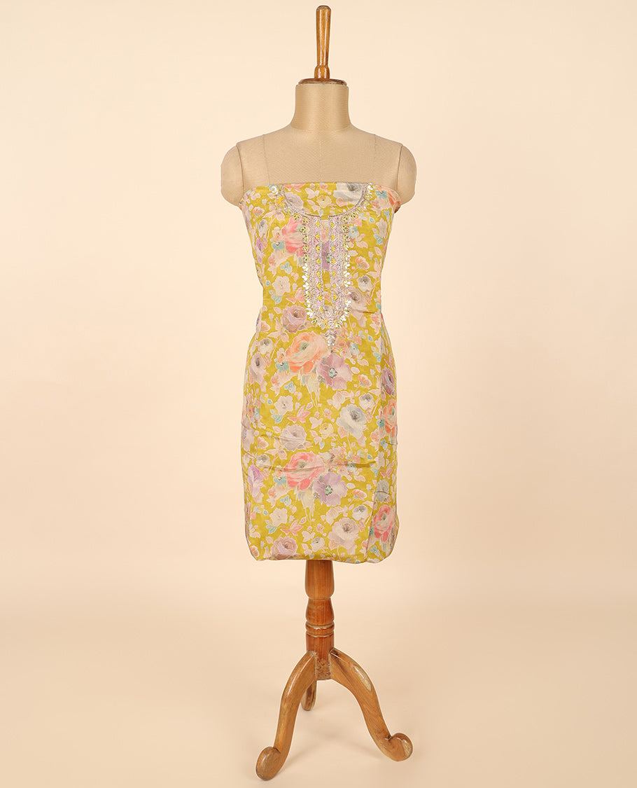 Mustard material chudidhar set, floral print & embroidery top, plain bottom & embroidered dupatta