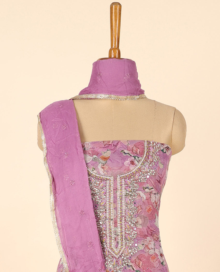 Pink material chudidhar set, floral print & embroidery top, plain bottom & sequins embroidered dupatta