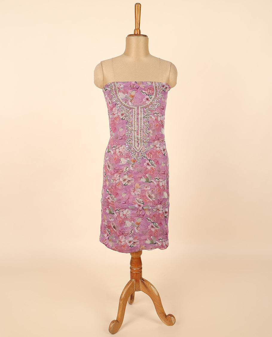 Pink material chudidhar set, floral print & embroidery top, plain bottom & sequins embroidered dupatta