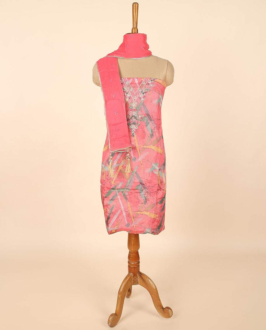 Pink material chudidhar set, abstract printed top, solid bottom & sequins embroidered dupatta