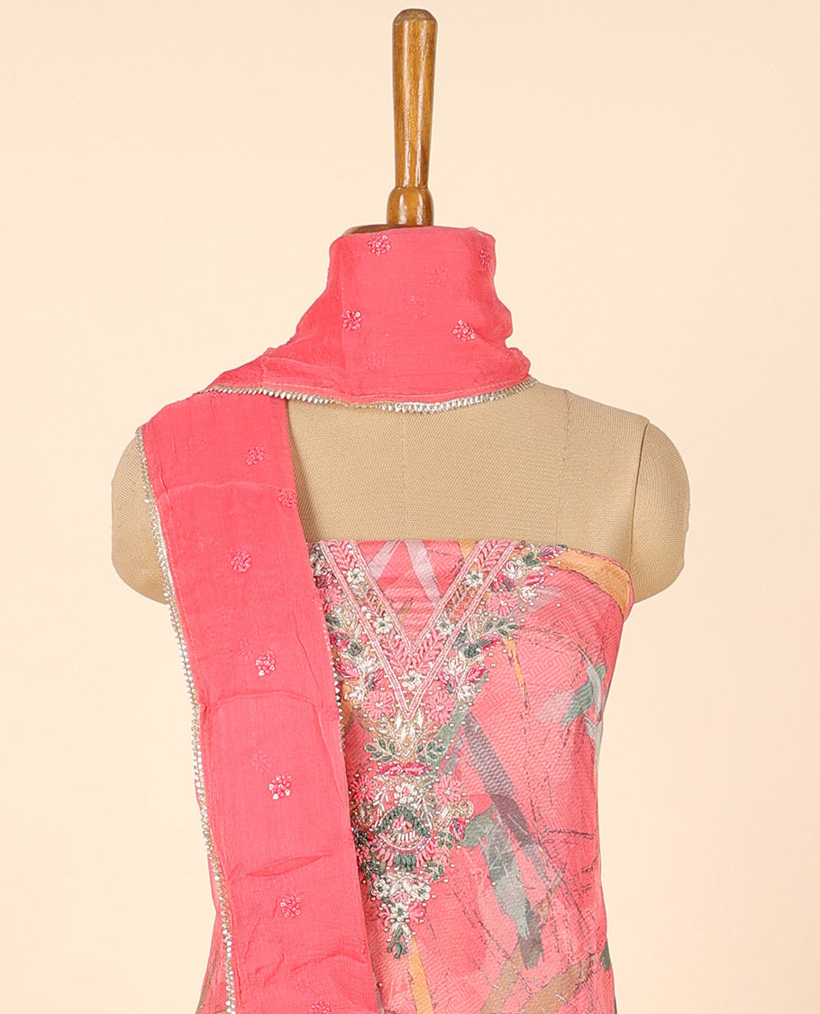 Pink material chudidhar set, abstract printed top, solid bottom & sequins embroidered dupatta
