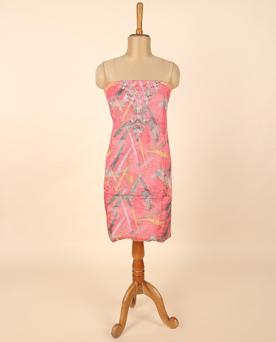 Pink material chudidhar set, abstract printed top, solid bottom & sequins embroidered dupatta