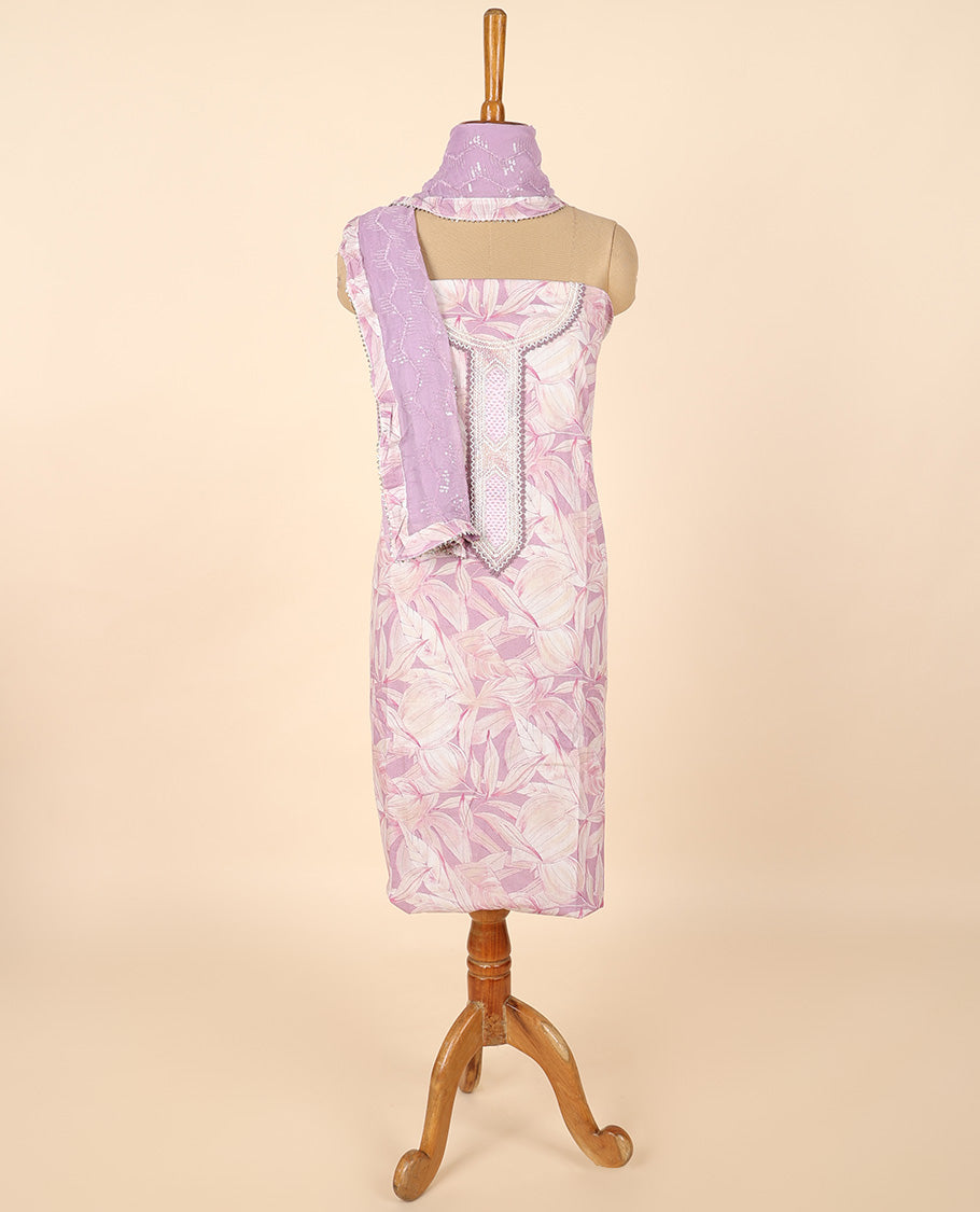 Lavender material chudidhar set, floral print & embroidered top, plain bottom & sequins embroidered dupatta